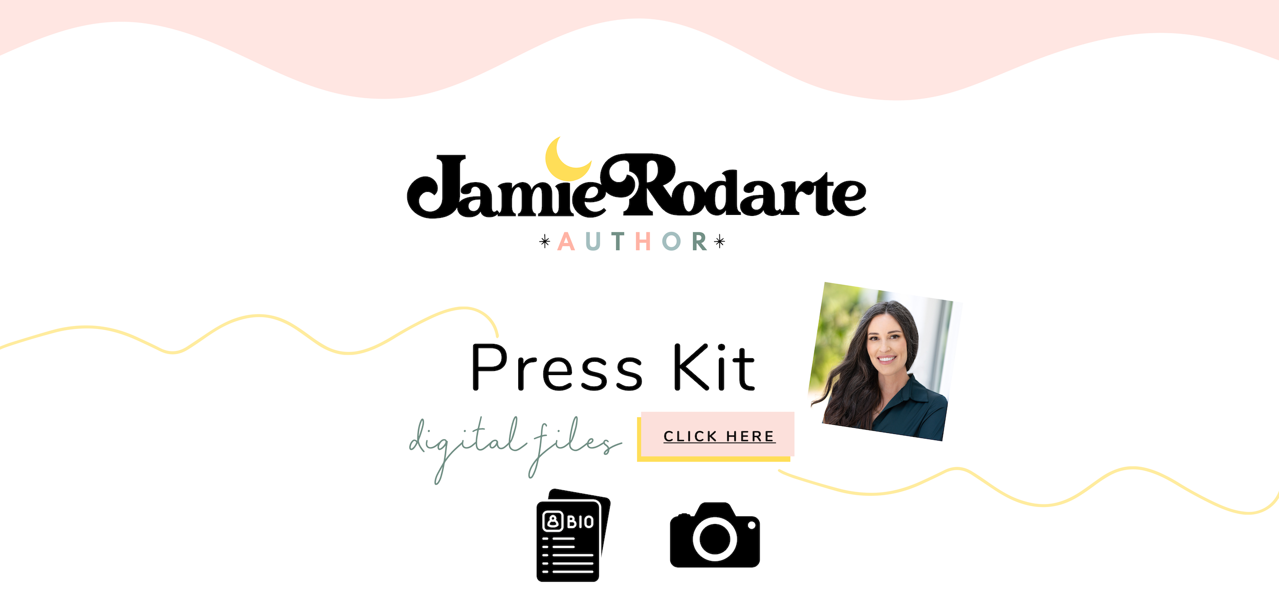 Press kit for Jamie Rodarte with a photo of a woman and download icons on a white background.